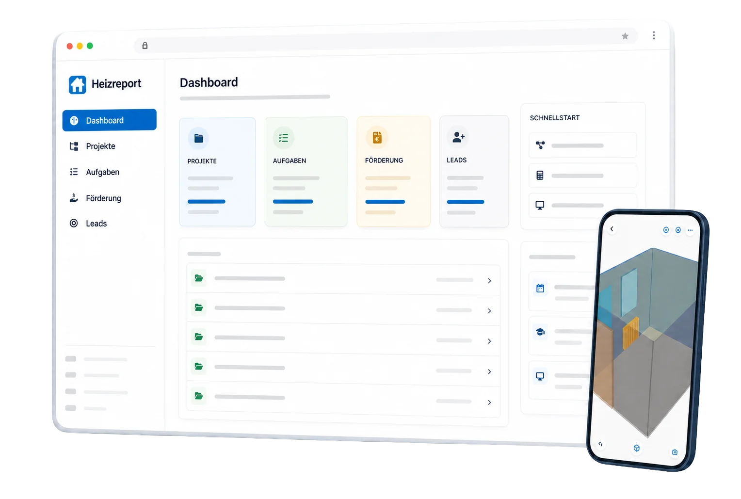 Schematische Heizreport Pro Dashboardansicht mit anonymisierten Projektdaten und Scanner-App auf einem Smartphone
