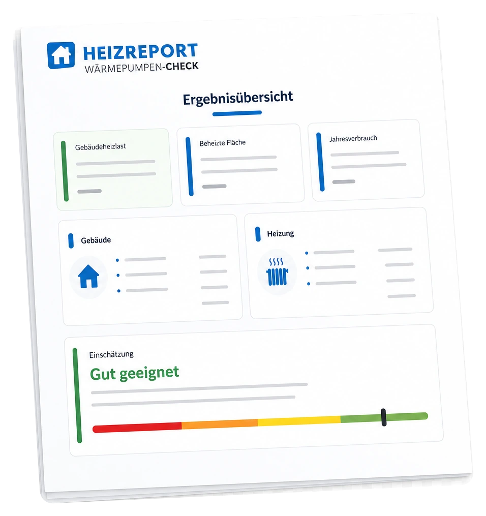 Schematischer DIN-A4-Auszug der Ergebnisübersicht des Heizreport Wärmepumpen-Checks mit anonymisierten Gebäude- und Heizungsdaten sowie einer Eignungsskala